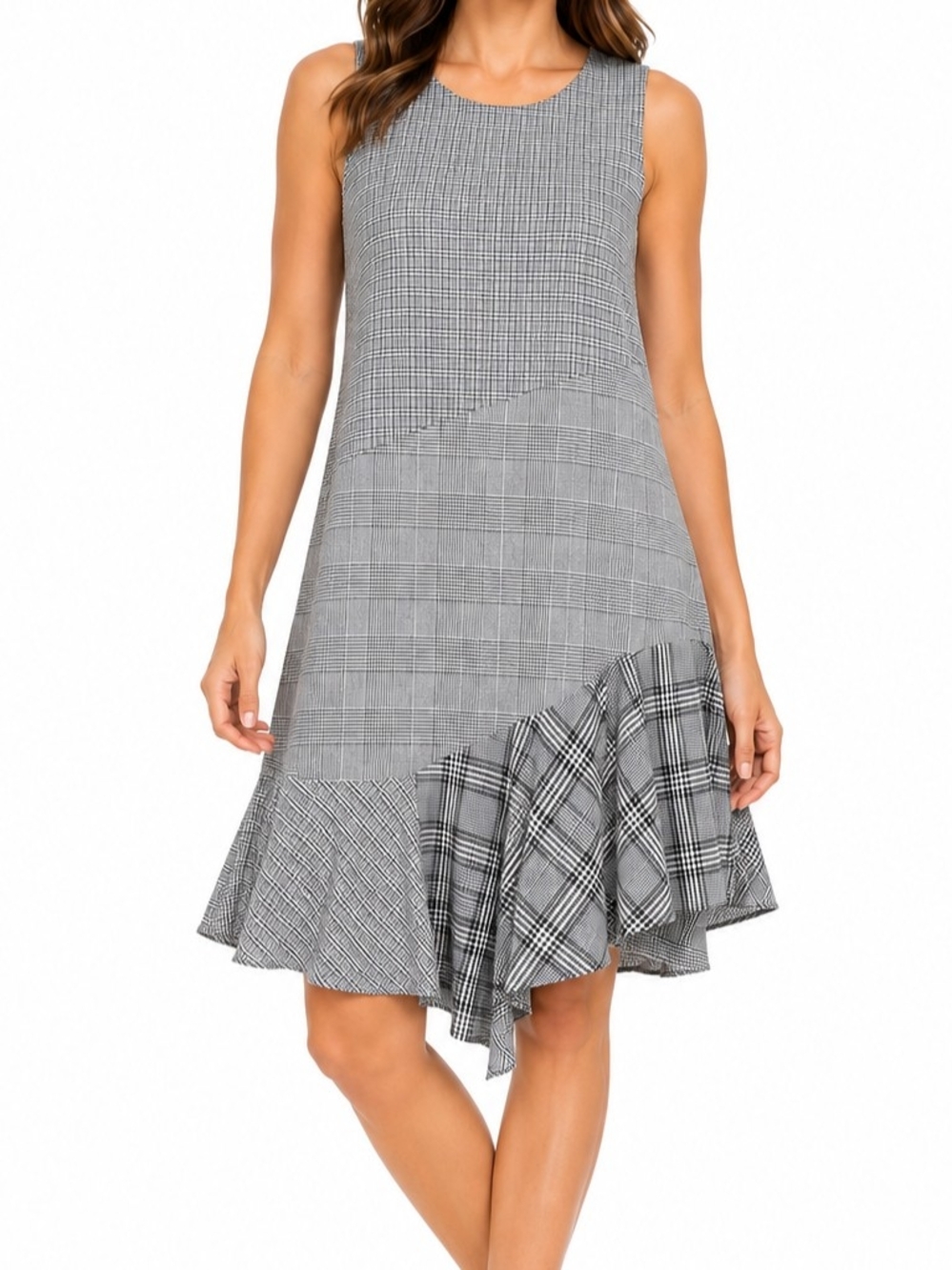Sleeveless Gray Plaid Asymmetric Ruffle Dress NWT